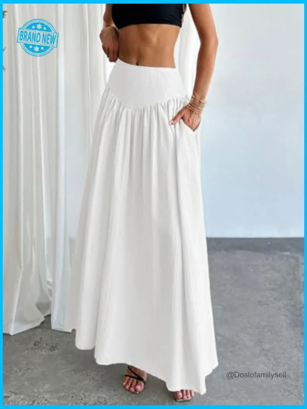 Pleated Flowy Maxi Skirt High Waist Long Skirt with Pocket Y2K